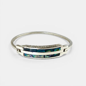 Vintage Alpaca Mexico Abalone Shell Bangle Bracelet Silver Tone Hinged Inlay